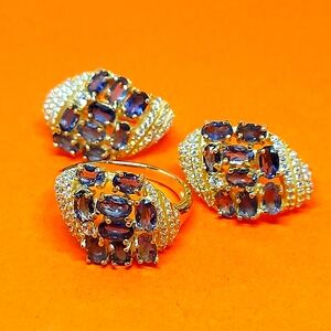 Natural Iolite & Cz 925 Sterling Silver Earrings/Ring (‎ 7.5 ) Set